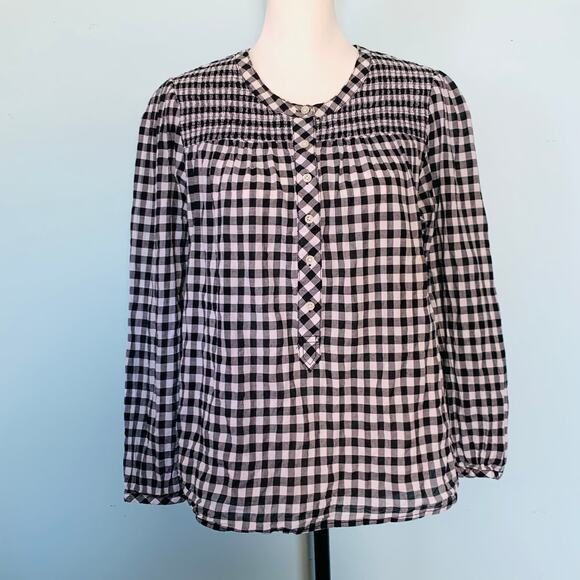 J. Crew Smocked Popover Top in Black Crinkle Gingham Size M - Picture 2 of 9